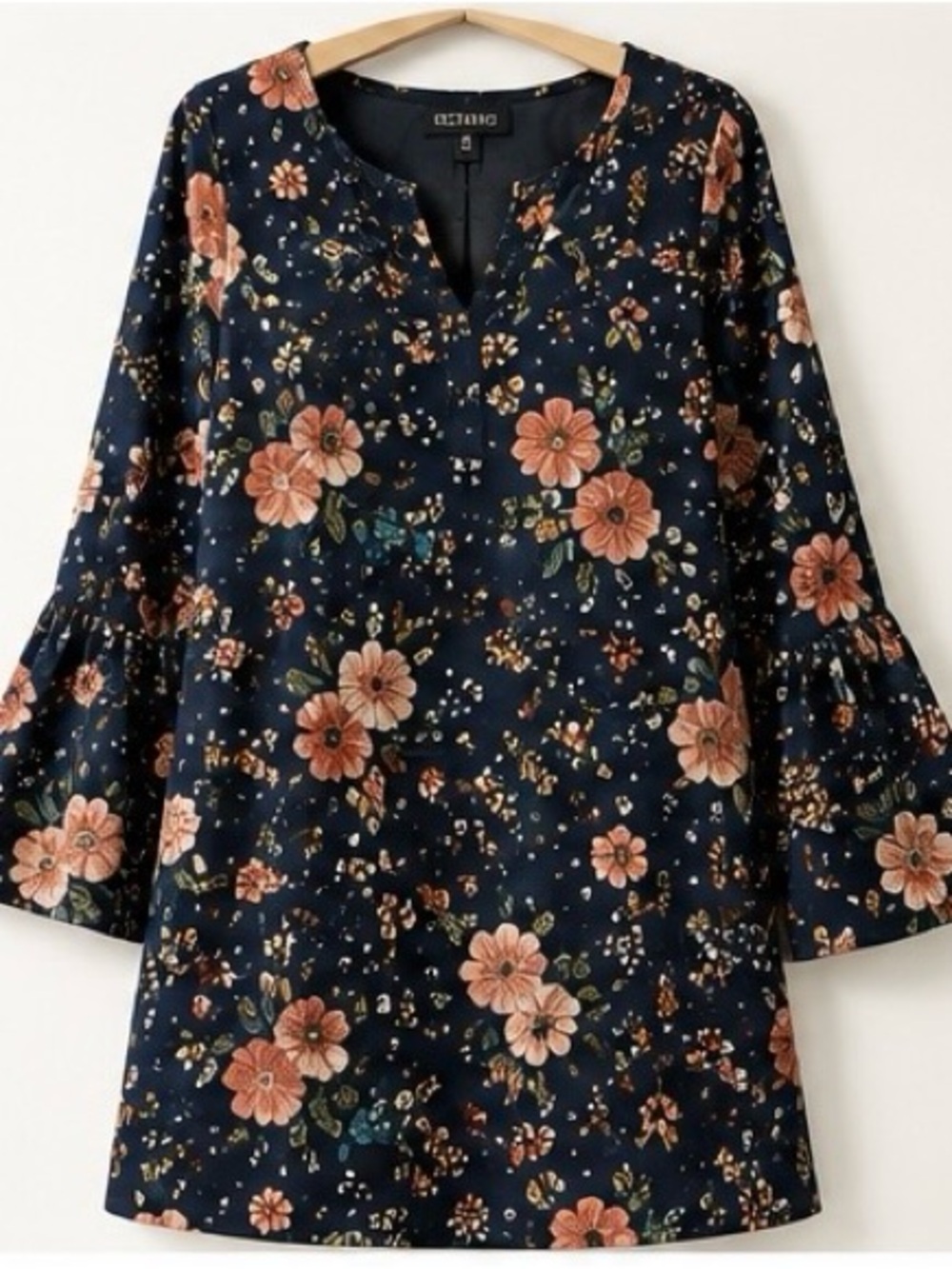 Octavia Floral Dress XS Navy Blue Long Sleeve Shift Dress Boho Floral